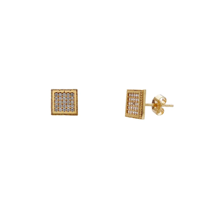 colorful hoop earrings for women-Milgrain Border CZ Panel Square Stud Earrings (14K)