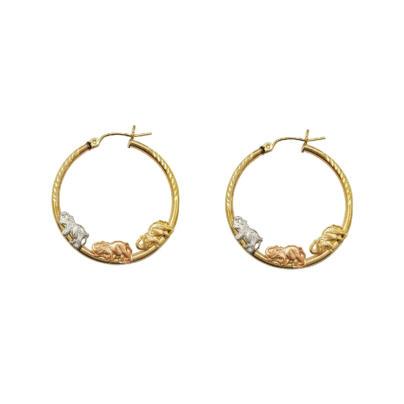 elegant earrings for women-Tri-Color Elephant Diamond-Cut Hoop Earrings (14K)