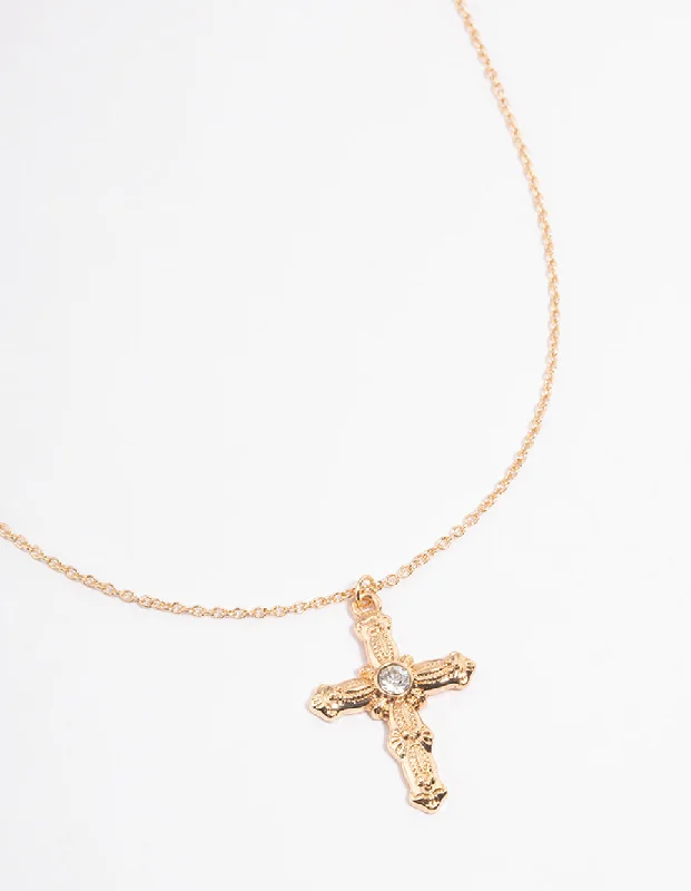 opal necklace for women-Gold Ornate Diamante Cross Necklace