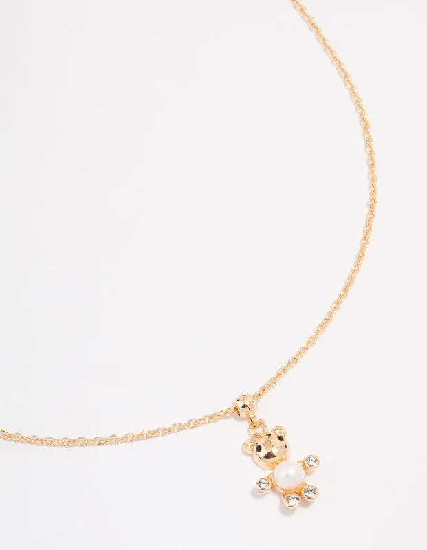 crystal necklace for women-Gold Pearl & Diamante Teddy Bear Necklace