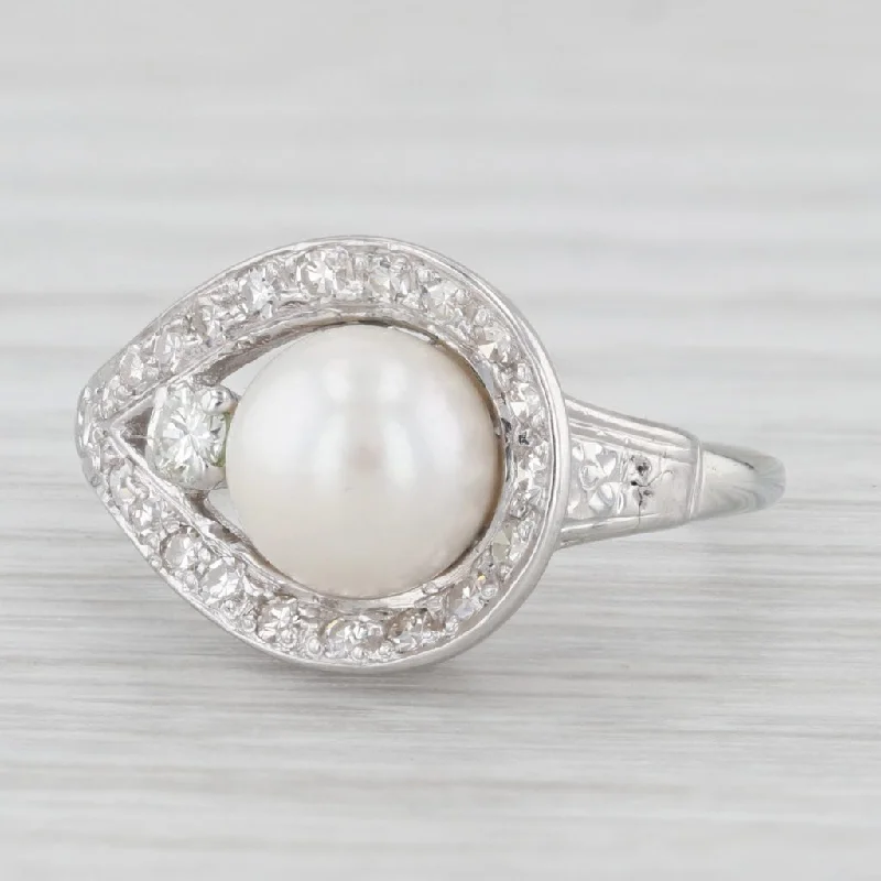 platinum engagement rings for women-Vintage Pearl Diamond 18K White Gold Size 5 Teardrop Ring