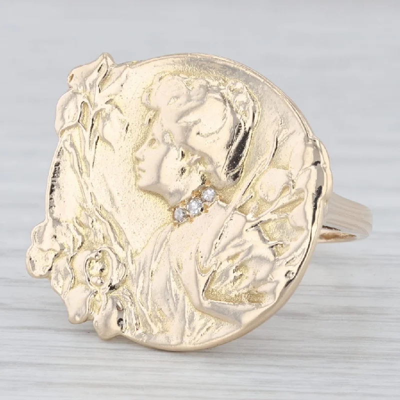 classic engagement rings for women-Vintage Cameo Style Floral Figural Female Statement Ring 14k Yellow Gold Size 8