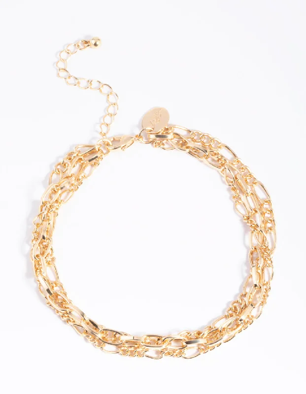 gold bracelet for women-Gold Triple Chain Anklet