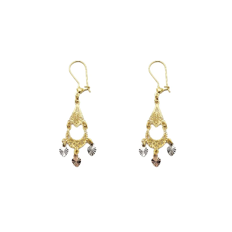 dangling gemstone earrings for women-Tricolor 3-Hearts Chandelier Dangling Earrings (14K)