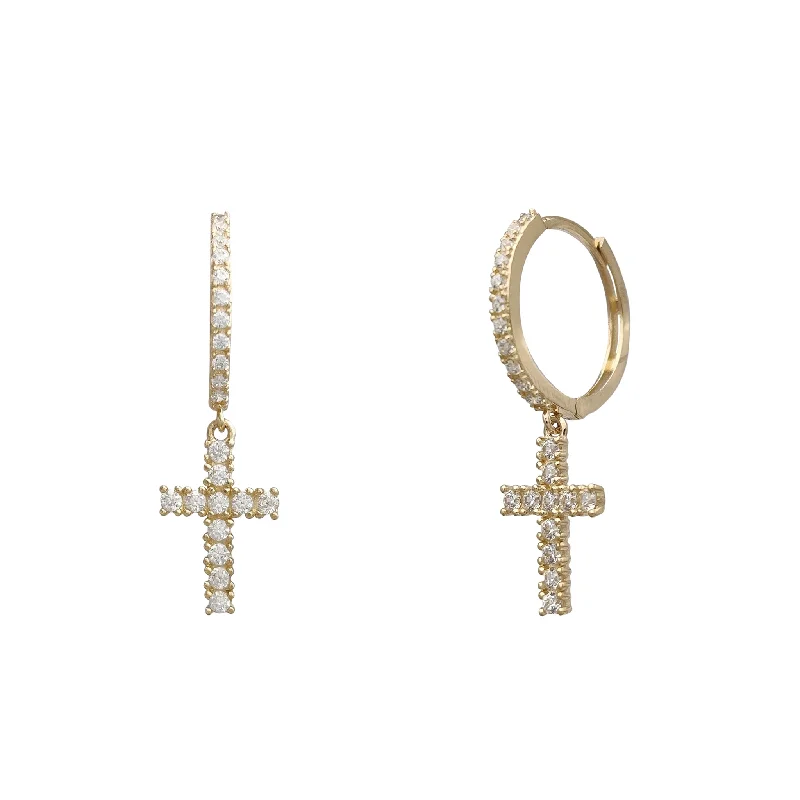 beautiful earrings for women-Zirconia Cross Huggie Earrings (14K)