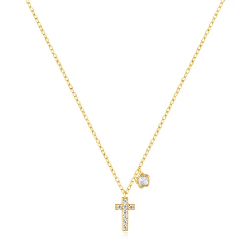 long silver necklace for women-Gold-Plated Sterling Silver Cross Necklace with Sparkling CZ and Floral Charm