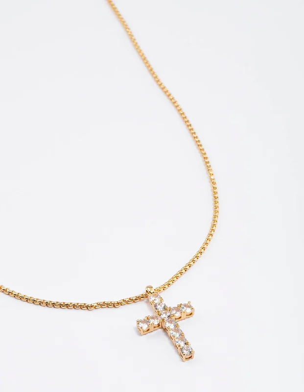 elegant chain necklace for women-Waterproof Gold Plated Stainless Steel Cubic Zirconia Cross Necklace