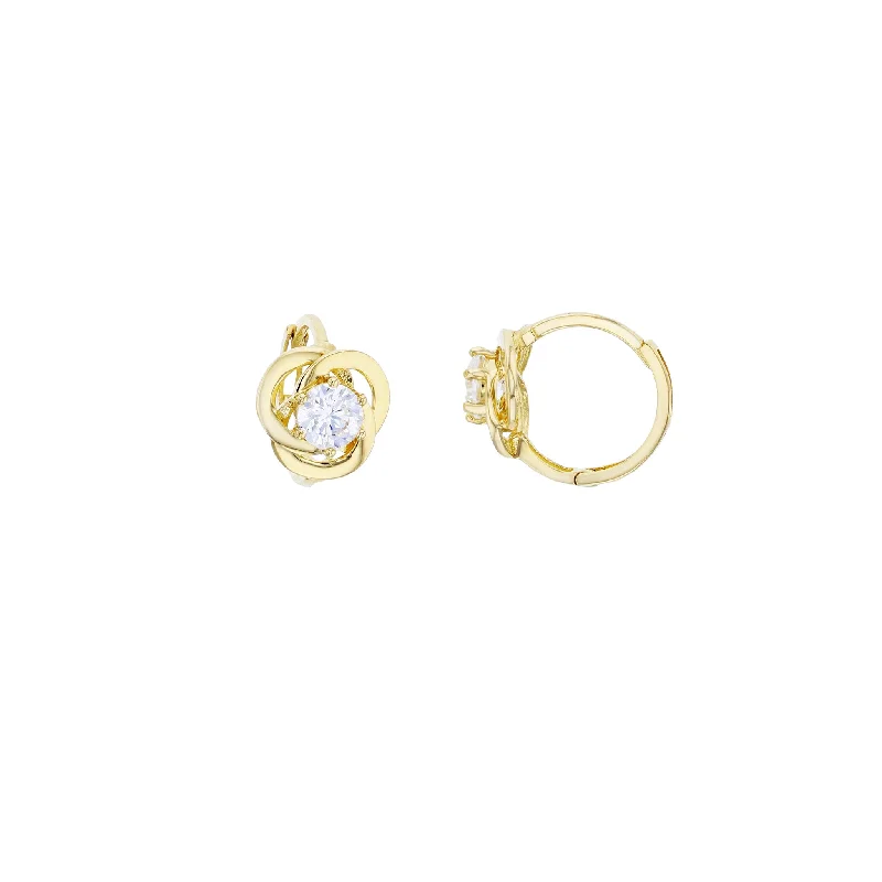 trendy stud earrings for women-Flower Design Knot CZ Huggie Earrings (14K)