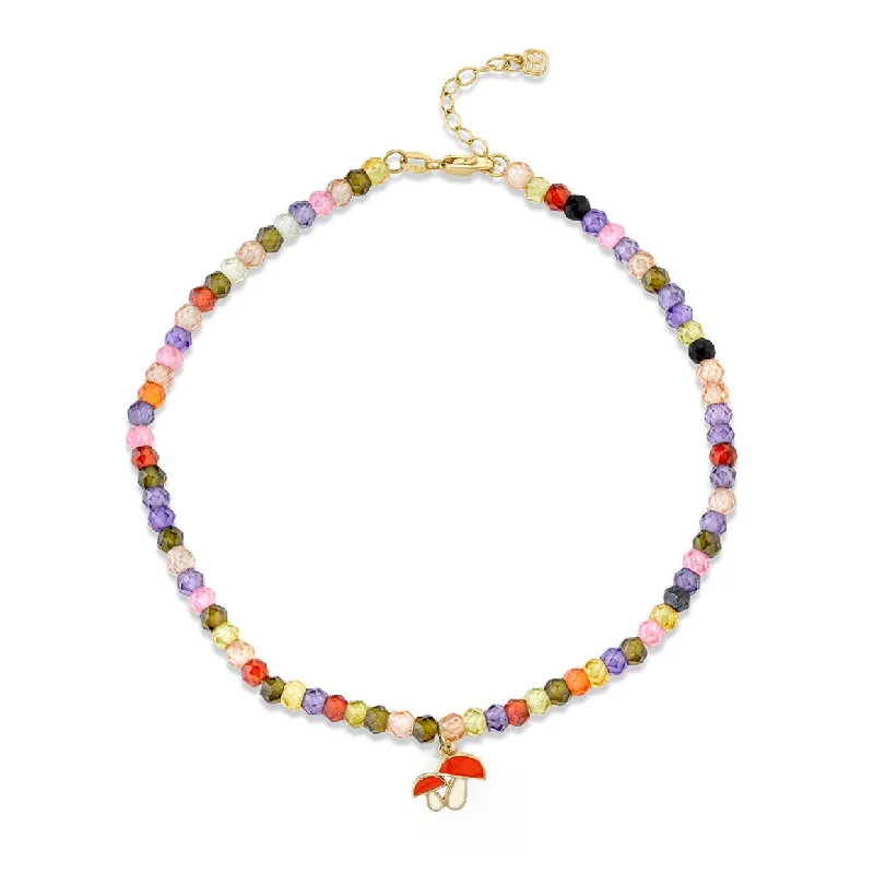 anklet with charms for women-Gold & Enamel Tiny Mushroom Rainbow Zircon Anklet