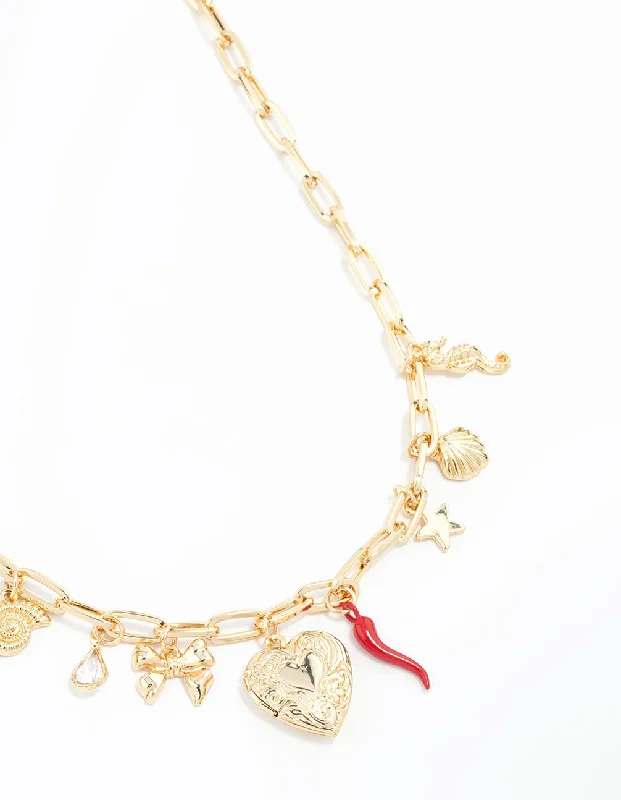 choker necklace for women-Gold Plated Heart Locket & Seahorse Charm Necklace