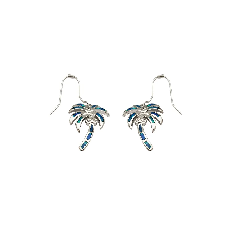 sterling silver earrings for women-Dangling Opal Palm Tree Earrings (Silver)