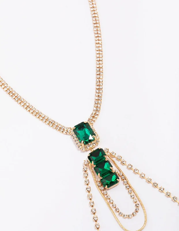 diamond necklace for women-Gold Diamante & Emerald Stone Drop Necklace