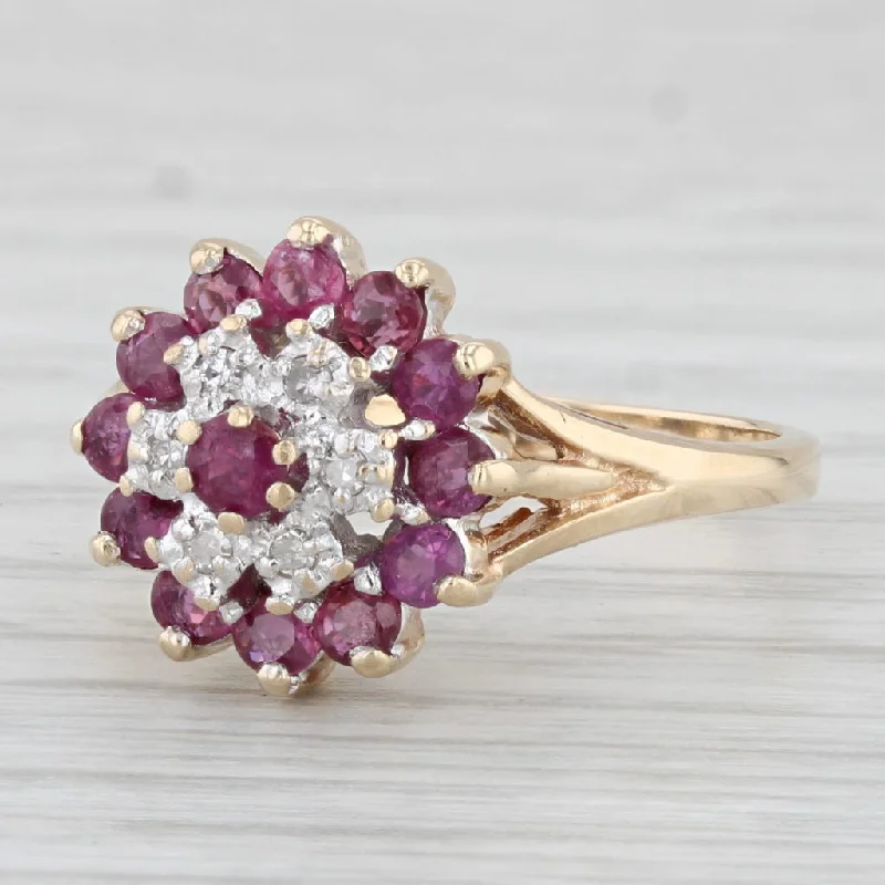 round cut engagement rings for women-1.05ctw Ruby Diamond Flower Cluster Ring 10k Yellow Gold Size 7.5