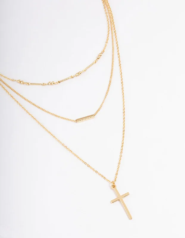 elegant pendant necklace for women-Gold Plated Layer Bar & Cross Layered Necklace