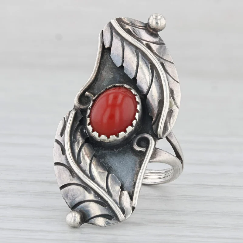 elegant diamond engagement rings for women-Vintage Native American Red Coral Ring Sterling Silver Size 5.25 Statement