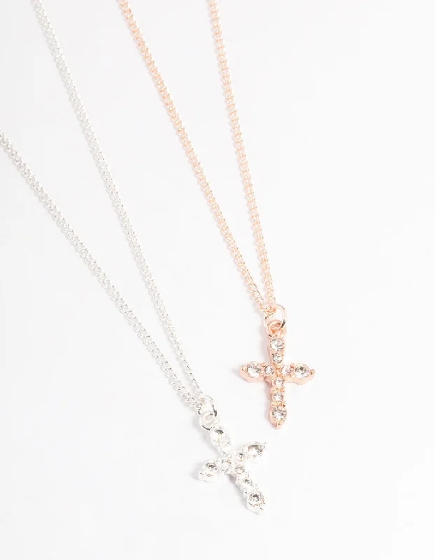 infinity necklace for women-Mixed Metal Classic Diamante Cross Necklace Pack