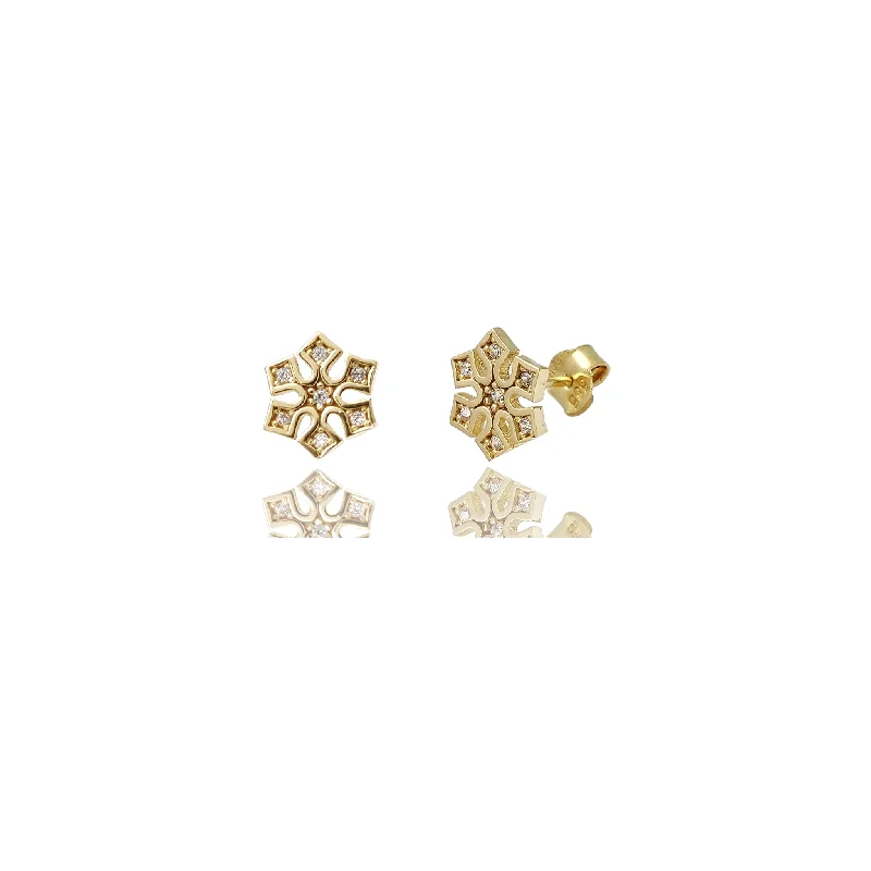 large earrings for women-Snowflake Stud Round Prong CZ Earrings (14K).