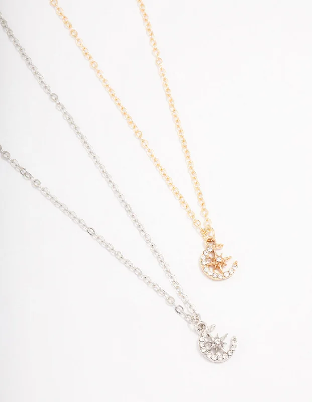 vintage necklace for women-Gold & Silver Half Moon Diamante Pendant Necklace Pack