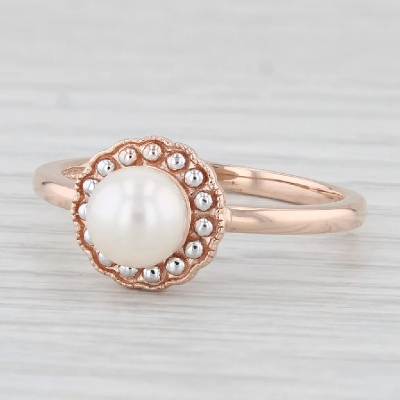 vintage-style platinum engagement rings for women-Cultured Pearl Solitaire Ring 10k Rose Gold Size 10.25 Halo Design