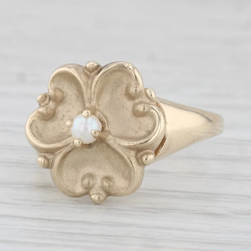 wedding engagement rings for women-Vintage Cultured Pearl Plumeria Flower Ring 10k Yellow Gold Size 6.75