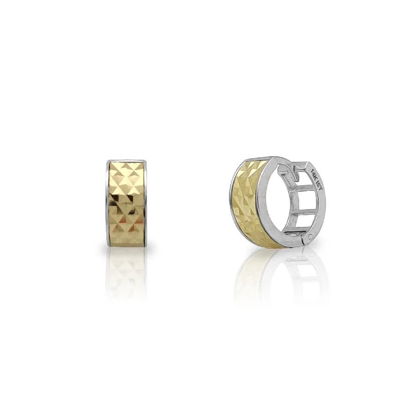 bold earrings for women-Two-Tone Diamond Cut Huggie Earrings (14K)