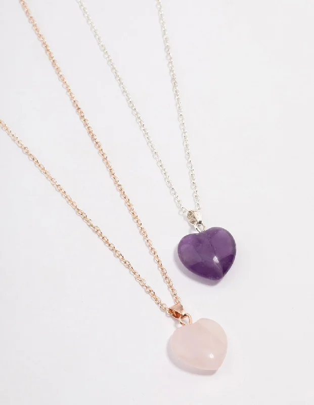 sterling silver necklace for women-Mixed Metal Semi-Precious Heart Necklace Set