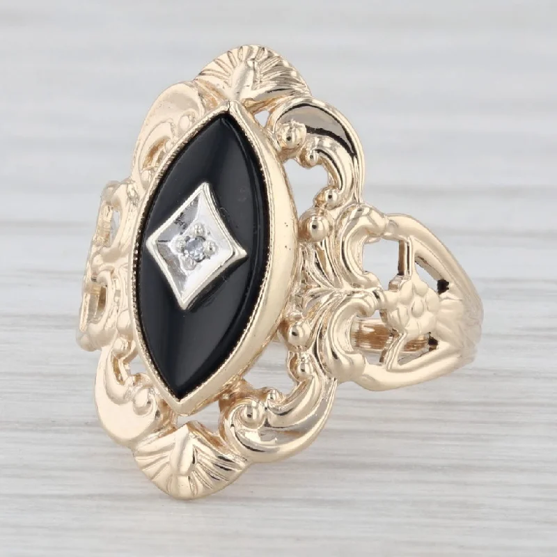 wedding and engagement rings for women-Vintage Black Onyx Diamond 10K Yellow Gold Size 4.5 Ring Ornate Floral Openwork