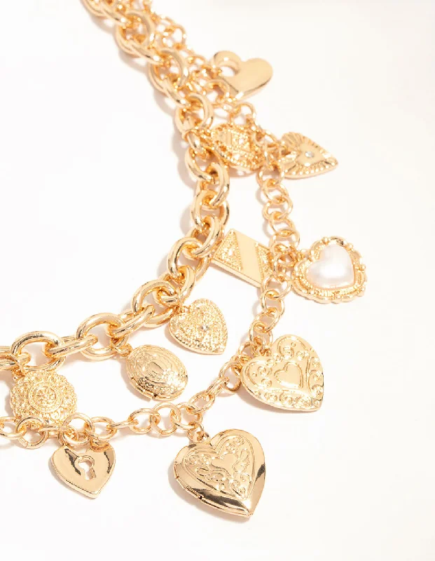 gold pendant necklace for women-Gold Layered Heart Charm Necklace