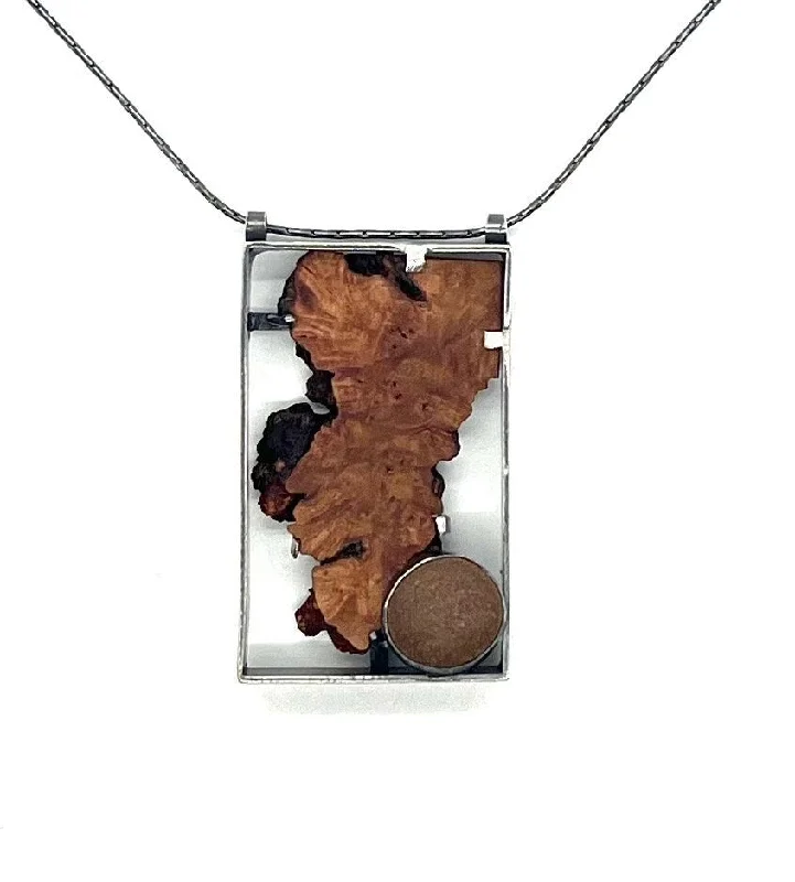 chunky necklace for women-Wood Slice and Rock Pendant