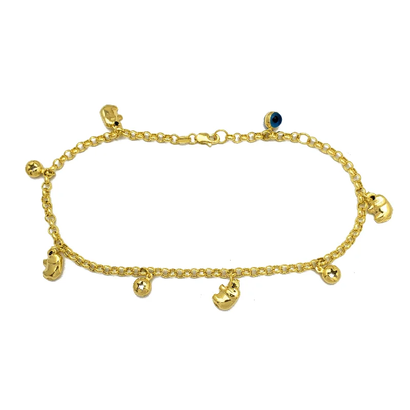 vintage anklet for women-Zirconia Evil-Eye Elephant & Star Ball Charms Rolo Anklet (14K)