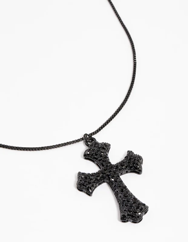 emerald necklace for women-Coated Black Boxchain Large Diamante Cross Necklace