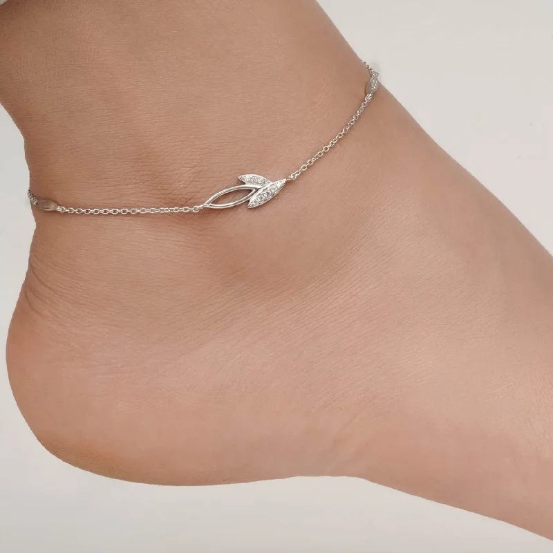 woven bracelet for women-Silver Leaves Layered Anklet