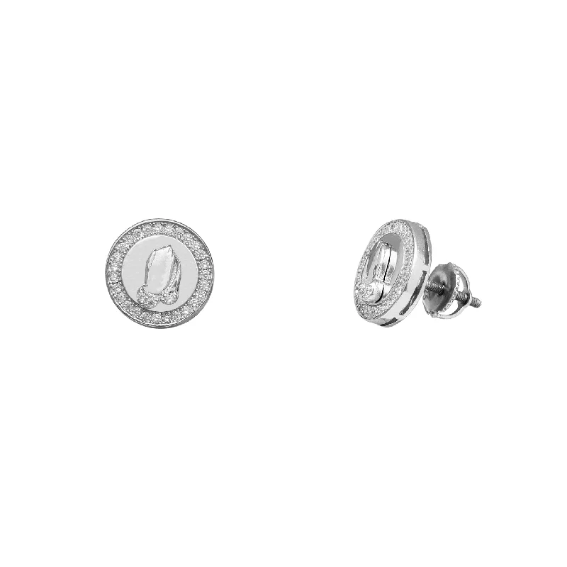 sparkling earrings for women-Zirconia Praying Hands Round Stud Earrings (Silver)