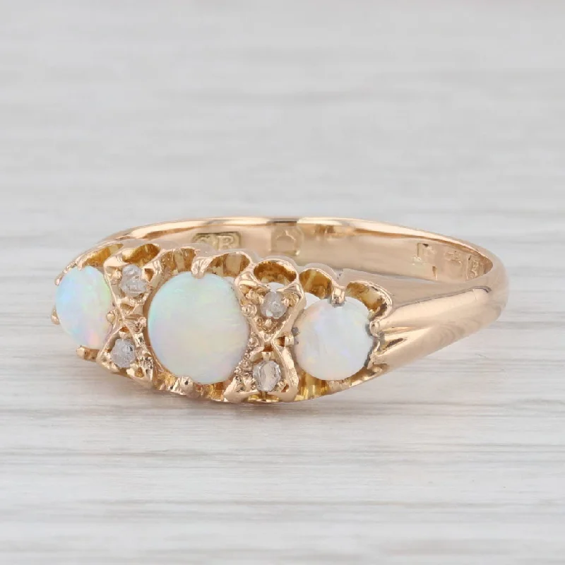 designer engagement rings for women-Antique Opal 3-Stone Ring 18k Yellow Gold Size 8 Diamond Accents