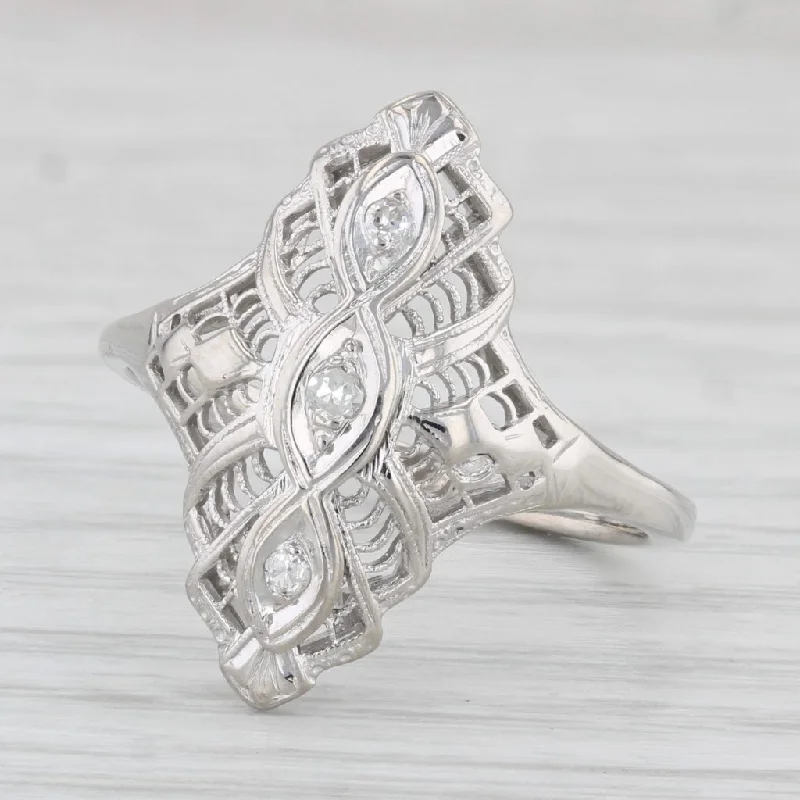 engagement rings with vintage designs for women-Antique Diamond Filigree Ring 14k White Gold Size 9.5