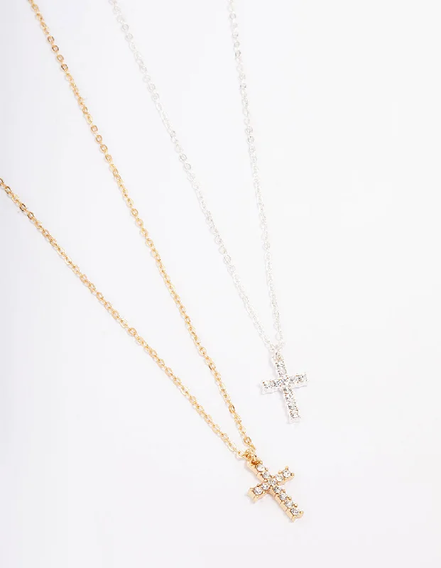 bold silver necklace for women-Mixed Metal Diamante Cross Necklace Pack