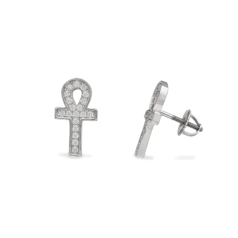 modern earrings for women-Zirconia Ankh Stud Earrings (Silver)