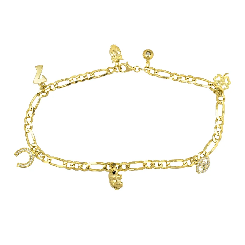 dainty bracelet for women-Zirconia Fancy Charms Figaro Anklet (14K)