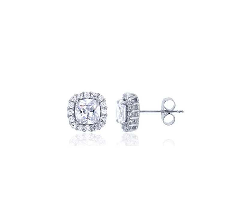 large earrings for women-Pave Square CZ Stud Earrings (Silver)