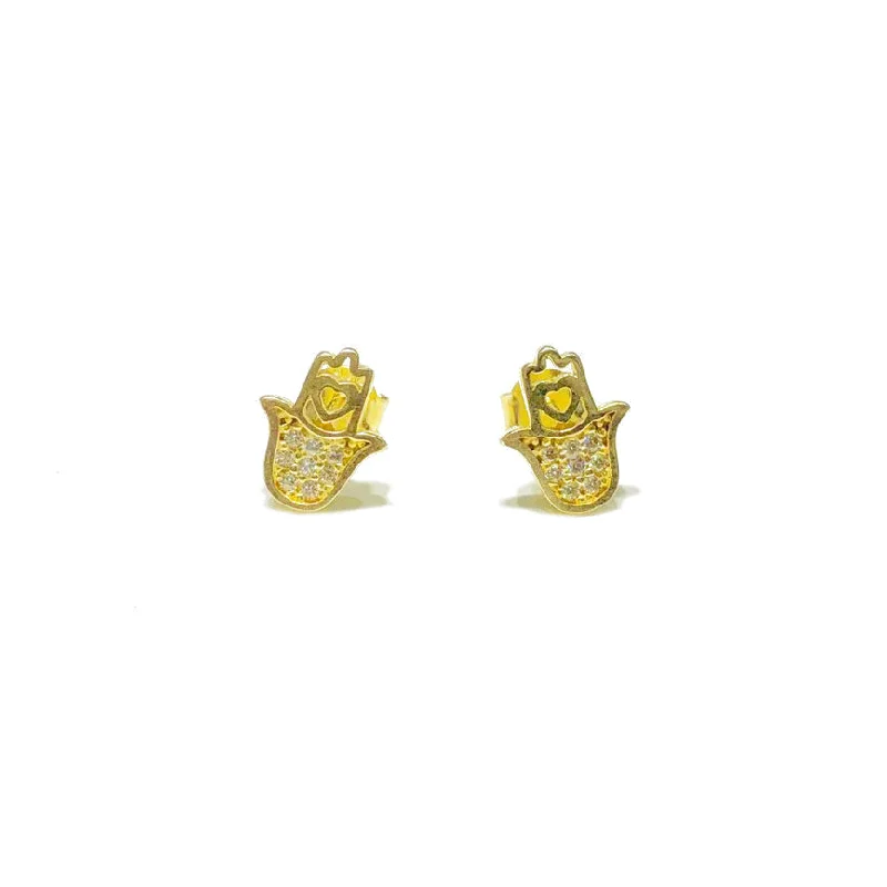 star earrings for women-Yellow Gold Hamsa CZ Stud Earring (14K)