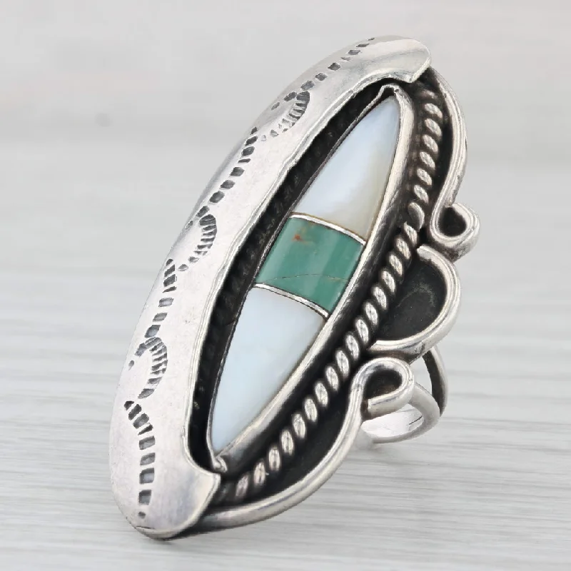 custom engagement rings for women-Vintage Turquoise Mother of Pearl Stamped Ring Sterling Silver Size 6 Statement