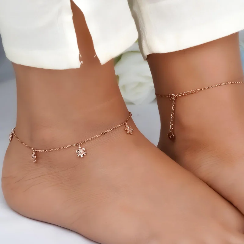 handmade anklet for women-Rose Gold Flowers Charm Anklet