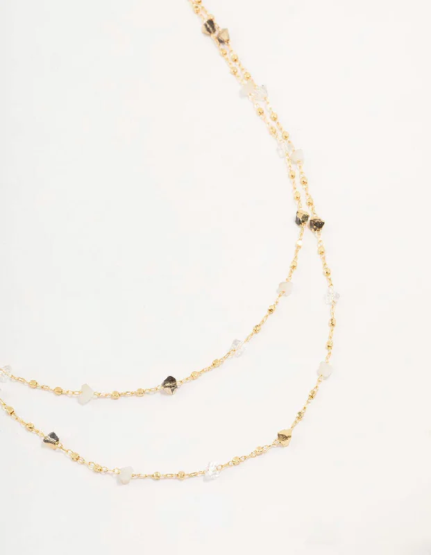 gold chain necklace for women-Gold Plated Station Semi Precious Shards And Ball Layered Necklace