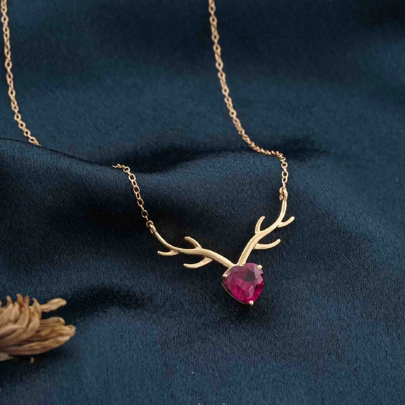 choker necklace for women-Golden Deer Theme Heart Pink Sapphire Necklace