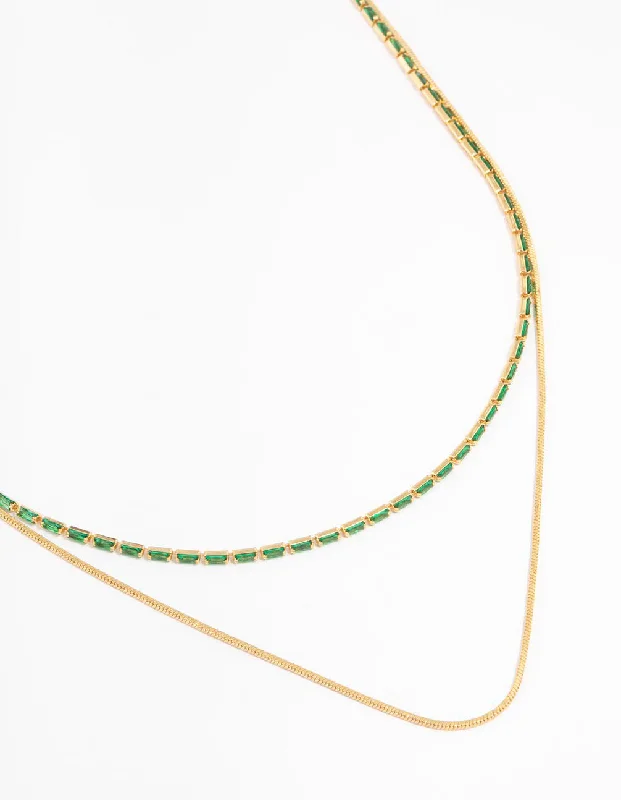 heart-shaped pendant necklace for women-Gold Plated Cubic Zirconia Emerald Baguette Dainty Layered Necklace