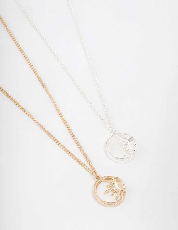 trendy pendant necklace for women-Mixed Metal Circular Sun Necklace