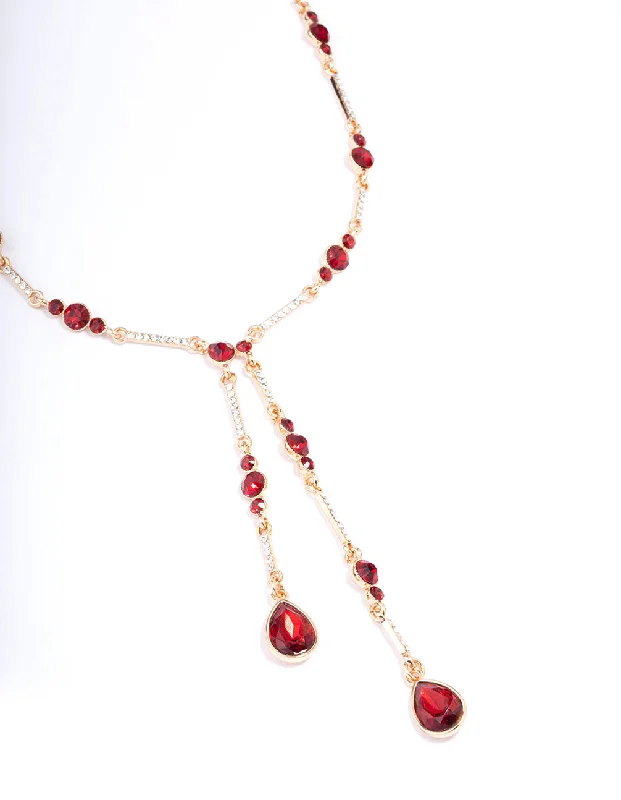 chunky necklace for women-Red Multi Diamante Y-Shape Necklace