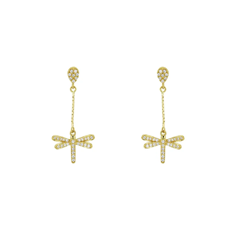 sparkling earrings for women-Zirconia Dragonfly Stud Dangling Earrings (14K)