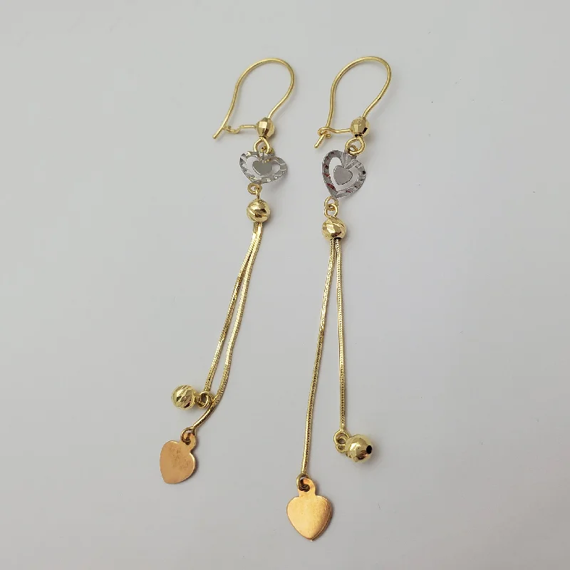 bold earrings for women-Tri-Tone Heart Dangling Earrings (14K)