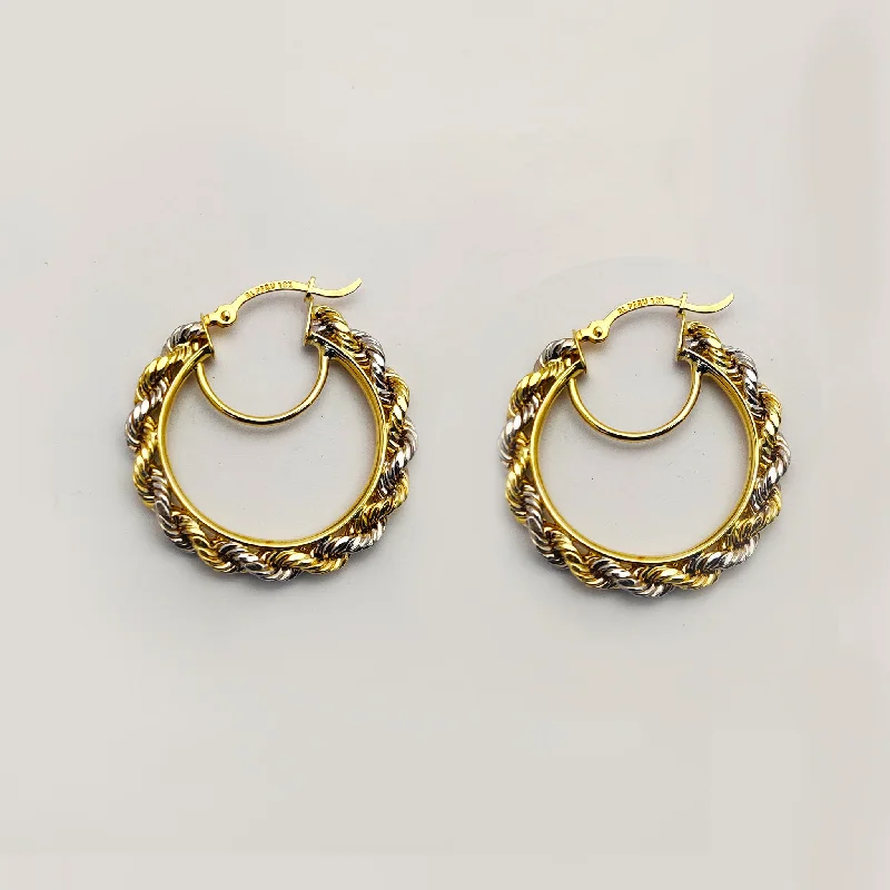 sparkling earrings for women-Two-Toned Rope Hoop Earrings (10K)